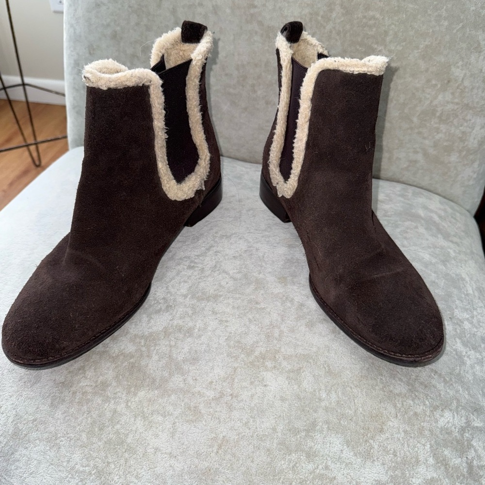 Brown suede with cream shearling accents